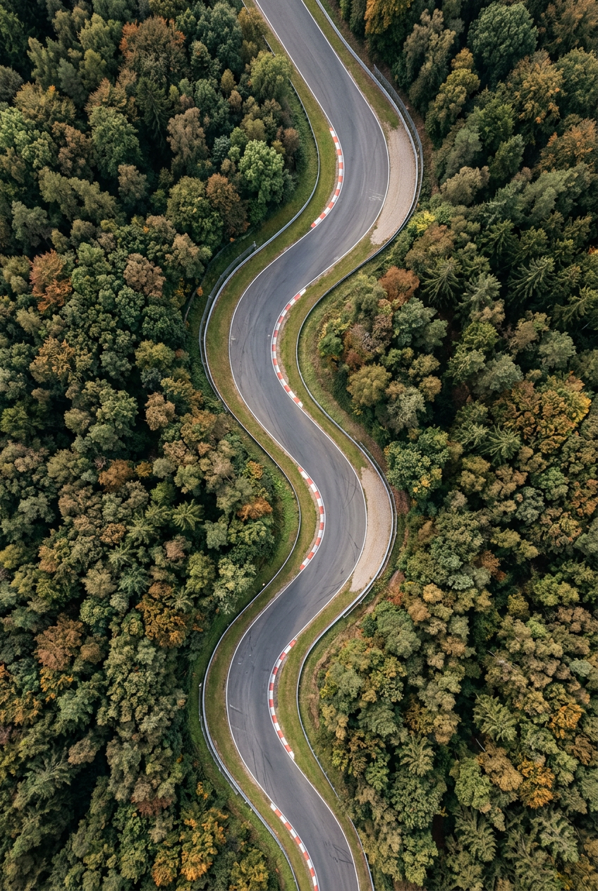 Photorealistic aerial woodland circuit winding from top to bottom